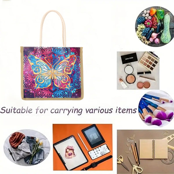 A tote bag with a colorful butterfly mandala print on a white background, surrounded by circular lifestyle and use-case photos showing it carrying various items like fruits, makeup, clothes, and stationery. Text on the image reads 'Suitable for carrying various items'.
