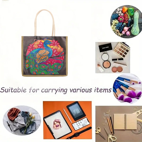 A tote bag with a colorful peacock illustration on a dark background, shown in a collage layout with small inset photos of other items it could hold, including fruit, cosmetics, clothing, a tablet, and stationery. Text on the image reads 'Suitable for carrying various items'.