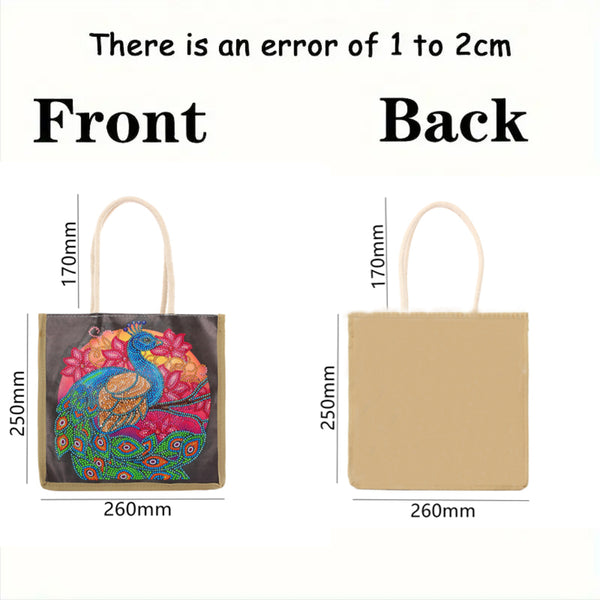Front and back views of a canvas tote bag with dimensions labeled. The front shows a colorful peacock and floral print on a dark background, and the back is plain beige.