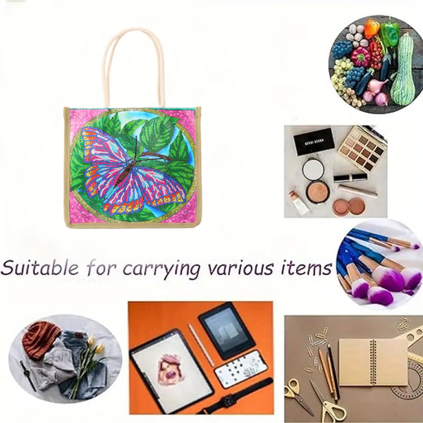 A tote bag with a colorful butterfly and leaf print on the front, shown in a collage layout with various lifestyle and styling props around it. The text on the image reads 'Suitable for carrying various items'.