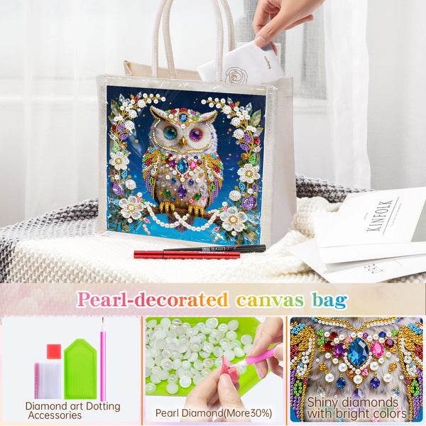 Pearl-decorated canvas bag with owl design, surrounded by diamond art accessories and tools.