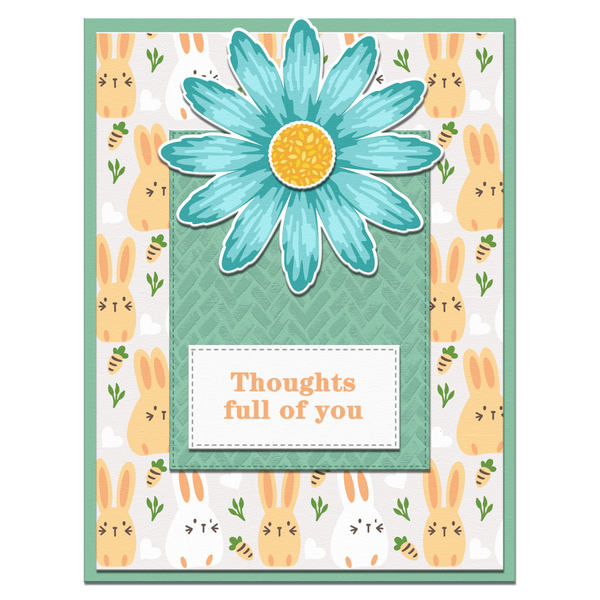 Card with a large blue flower and text 'Thoughts full of you' on a patterned background with bunnies.