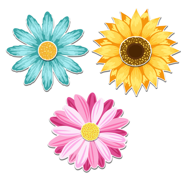 Three colorful flowers (blue, yellow, pink) on a white background