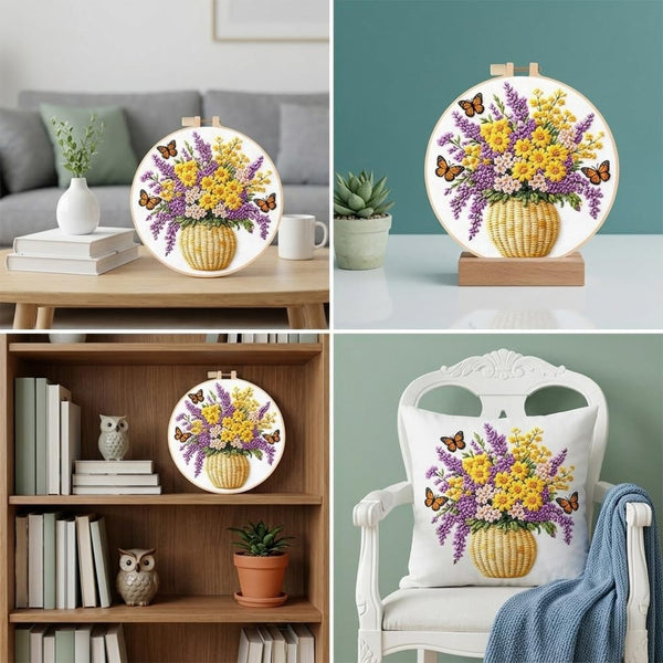 A four-panel collage showing a decorative circular floral print mounted on a wall, displayed in different real-world interior settings: above a coffee table, on a shelf, and on a chair. The print features a bouquet of yellow and purple flowers in a woven basket with butterflies on a white background.