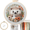 Embroidery hoop with a hedgehog design and embroidery threads on a white background