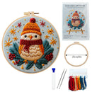Embroidery DIY art kit with owl design, hoop, threads, and tools on a white background