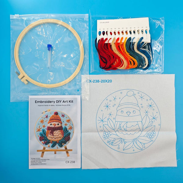 Embroidery DIY art kit with hoop, thread, pattern paper, and color chart on a blue background