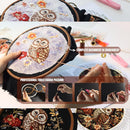 A collage showing a finished embroidered owl piece in a hoop, hands holding the hoop, and several small inset steps of embroidery tools and needlework. Text overlays read 'Complete Beginners in Embroidery' and 'Professional Tools Guard Passion.