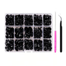 A clear plastic organizer tray filled with many small black decorative ring-like pieces, shown on a white background with two small tools beside it: a pink-handled pick and a black-handled curved tool.