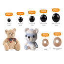A product information graphic showing different sizes of black and beige silicone ear plugs with dimensions in millimeters, alongside two teddy bear toys used as scale references. The ear plugs come in sizes 6mm, 8mm, 9mm, 10mm, 12mm, 10mm, 15mm, and 20mm.