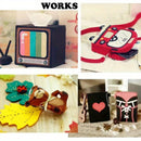 Collage of various handmade craft items including a TV-shaped tissue box, a red pouch with cartoon design, a small brown bear, and a black notebook with pink heart.