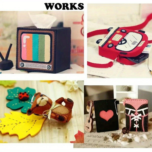 Collage of various handmade craft items including a TV-shaped tissue box, a red pouch with cartoon design, a small brown bear, and a black notebook with pink heart.