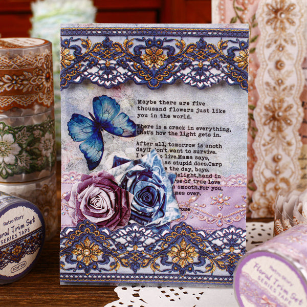 Decorative tape with floral and butterfly design on a wooden surface