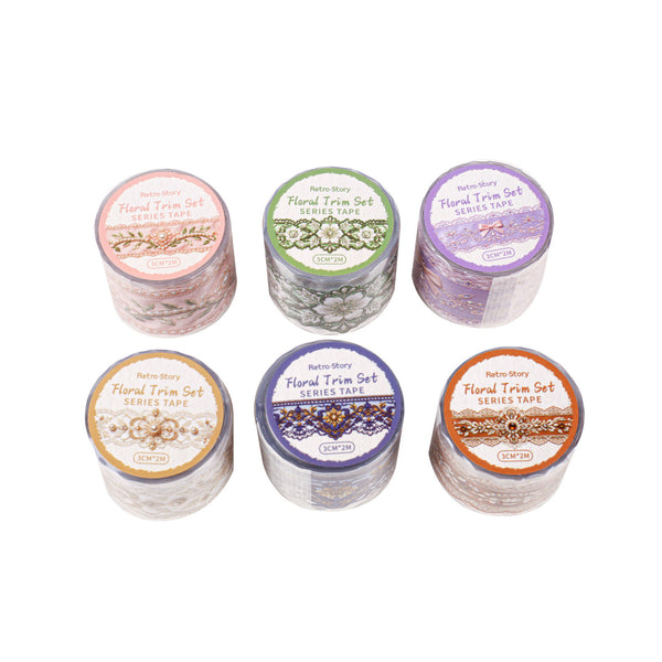 Six rolls of Retro Story Floral Trim Set Series Tape arranged in two rows on a plain white background. The tapes feature various pastel colors and floral patterns, including pink, green, purple, beige, and orange.