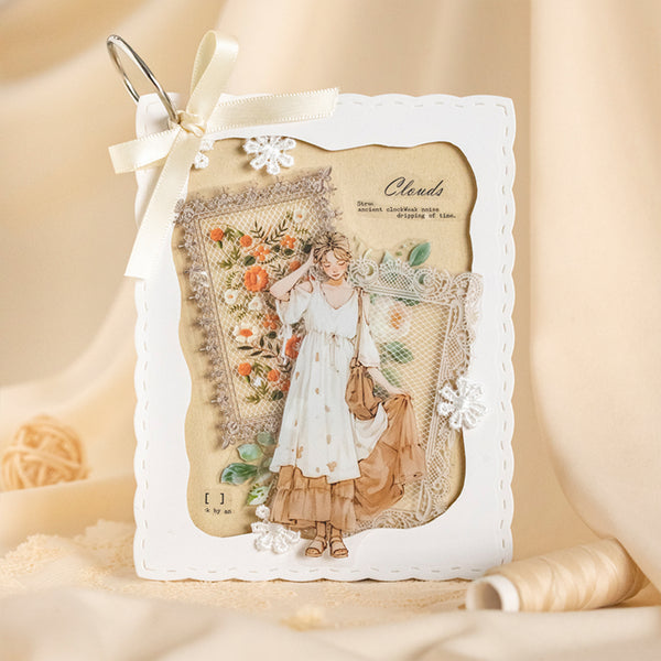 Decorative card with a woman in a white dress and floral elements on a beige background