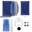 Blue circular knitting needle set with a matching zippered storage pouch, shown on a white background with dimension labels, included needle sizes, and four colorful accent rings.