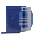 A blue leatherette needle case shown open, revealing a gray insert holding multiple blue and black needle tips arranged in rows. The case has a snap button closure and a wrist strap, photographed on a plain white background.