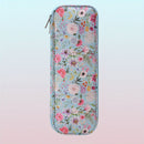 A rectangular zippered pouch with rounded corners, featuring a dense pastel floral print on a light blue background. The print includes pink, purple, white, and yellow flowers with green leaves.