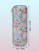 A floral zippered pencil case shown front-facing with dimension labels: 39cm tall and 15cm wide, on a soft pastel gradient background.