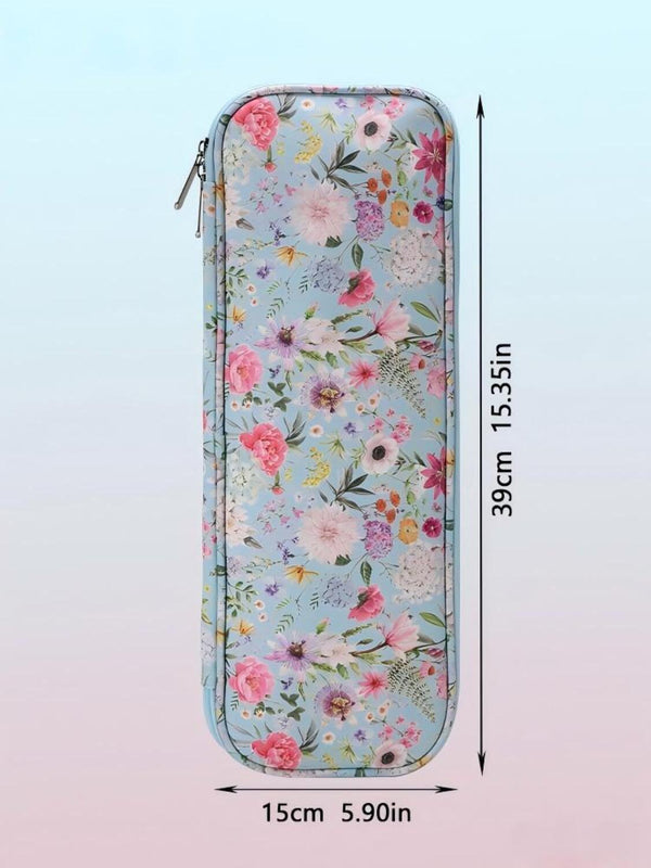 A floral zippered pencil case shown front-facing with dimension labels: 39cm tall and 15cm wide, on a soft pastel gradient background.