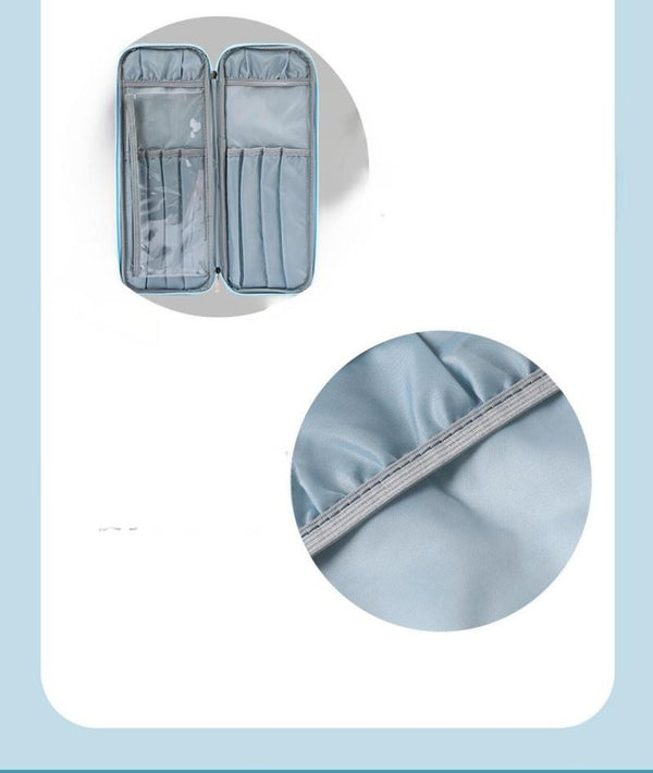 A light blue-gray organizer pouch shown open, with two compartments on the left and several vertical slots on the right, plus a circular close-up inset highlighting the fabric texture and stitched edge.