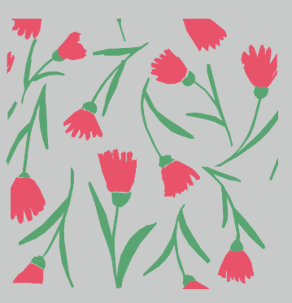 A repeating floral pattern featuring pink bell-shaped flowers with green stems and leaves on a light gray background.