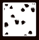 A square white stencil template with rounded corners, featuring multiple black hand-shaped cutout shapes and the printed text '1-2' in the top-right corner, shown on a dark brown background.