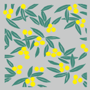 A repeating pattern of olive branches with green leaves and yellow olives on a light gray background.