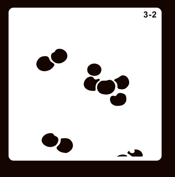 A square white card or stencil with rounded corners on a dark brown background, featuring several black irregular cutout shapes and the text '3-2' in the top-right corner.