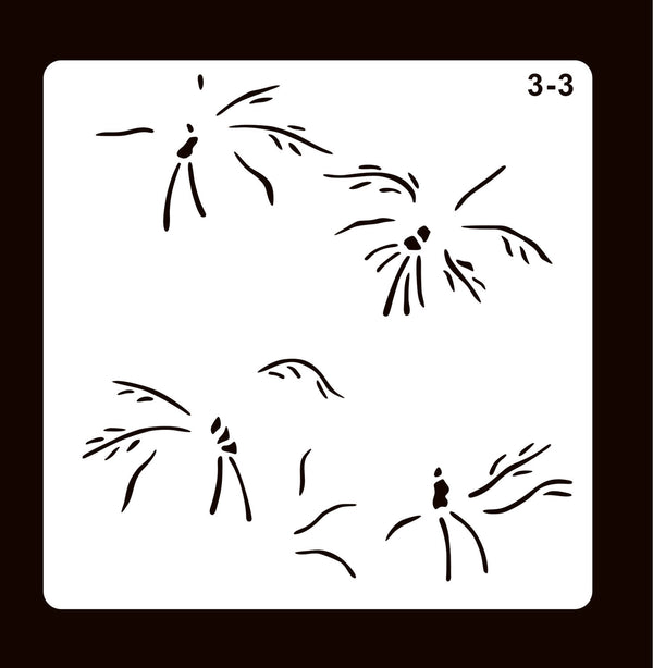 A stencil template sheet with black line drawings of palm tree silhouettes on a white square background, set against a dark brown backdrop. The number '3-3' is printed in the top right corner.