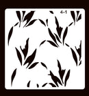 A square white stencil with rounded corners featuring black leaf and branch cutout patterns, shown on a dark brown background. The stencil includes the printed text '4-1' in the top right.