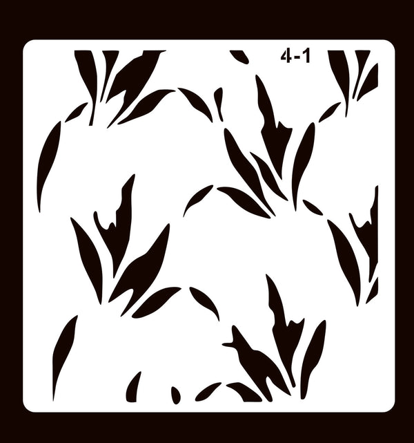 A square white stencil with rounded corners featuring black leaf and branch cutout patterns, shown on a dark brown background. The stencil includes the printed text '4-1' in the top right.