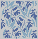 A repeating botanical pattern featuring dark blue leafy vines and light blue leaves on a pale gray background.