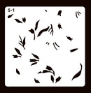 A square stencil template with the text '5-1' in the top-left corner, featuring multiple irregular black leaf-shaped cutouts on a white square panel, set against a dark brown background.