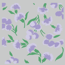 A repeating floral pattern featuring stylized light purple flowers with green leaves on a solid light gray background.