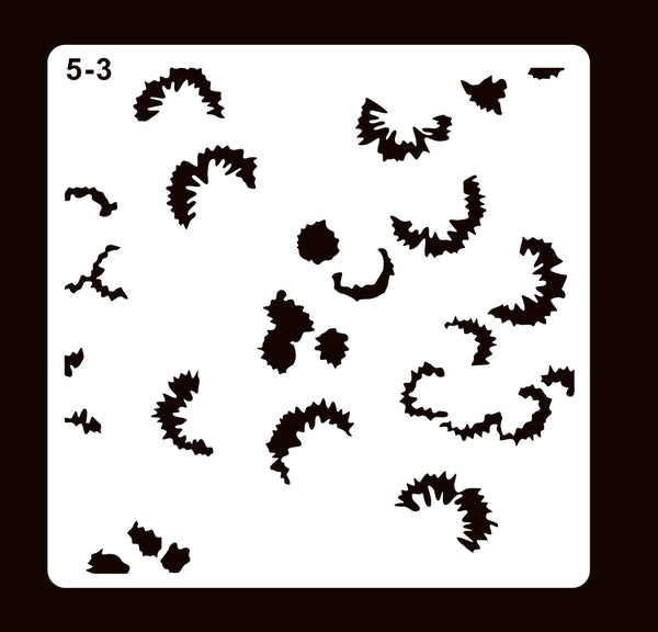 A white square stencil template with rounded corners on a dark brown background, featuring multiple irregular black leaf-like cutouts and the text '5-3' in the top-left corner.