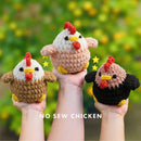 Three no-sew chicken toys held in hands with a blurred green background