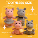 Four crochet toys with measurements and weights on a yellow background