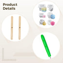 Product details graphic showing a craft kit with two wooden sticks, a green pen-like tool, and several small molded pieces arranged in circular panels on a light beige background.