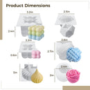Product dimensions chart showing several white silicone molds and colorful finished wax pieces with measurement labels in inches on a white background.