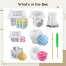 A 'What's in the Box' product collage showing a candle-making kit with various white silicone molds, colorful soap bars, a blue rope candle, a pink rose-shaped candle, wooden tools with a green handle, and white wicks on a white background with beige decorative borders.