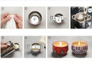 A 7-panel instructional collage showing how to make a decorative tea light candle. The steps include preparing a white textured wick, assembling a metal tin candle holder with a striped wick, pouring wax into the holder, lighting the candle, and showing two finished decorated tea light candles.