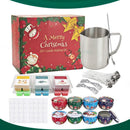 Christmas-themed DIY candle making kit with a red illustrated gift box, a stainless steel metal pot with handle, wicks, forks, wax melts in small clear containers, colorful round tin containers, and white circular labels, arranged on a white background.
