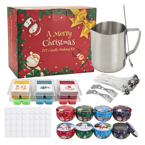 Christmas-themed DIY candle making kit with a red illustrated gift box, stainless steel mug, wicks, metal tools, wax melts in multiple colors, small round tin candle containers, and white circular labels, all arranged on a white background.