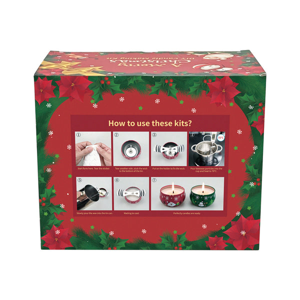 A boxed holiday candle kit with a red front panel showing step-by-step instructions and festive green and red holly and poinsettia borders.