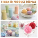A 2x2 collage showing various pastel-colored decorative candles in different shapes, including ribbed cylinders, scalloped shell forms, and rose-shaped candles, displayed on tables with lit candles.