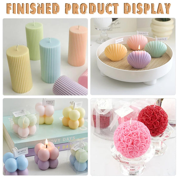 A 2x2 collage showing various pastel-colored decorative candles in different shapes, including ribbed cylinders, scalloped shell forms, and rose-shaped candles, displayed on tables with lit candles.
