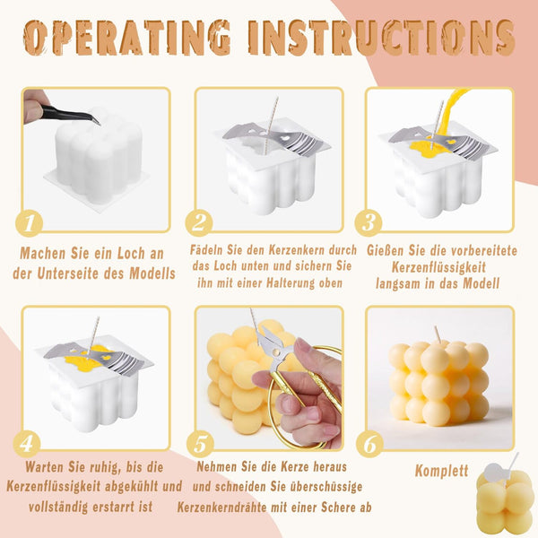 German operating instructions diagram showing six numbered steps for making a candle, including melting wax, pouring it into a white silicone mold, cooling, and trimming the wick. The diagram features a warm beige and peach background with clear step-by-step illustrations and text.