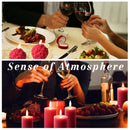 A collage of two dinner-table scenes with people holding wine glasses, pink candles, fruit, and a ring box, with the overlaid text 'Sense of Atmosphere'.
