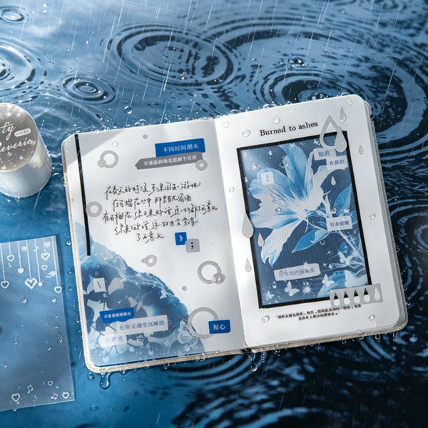 Open book with blue floral design and text on a water surface